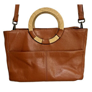 Rachel Brown Leather Tote with Wood Ring Handles